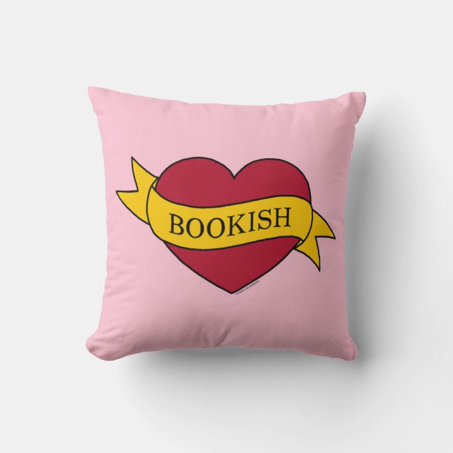 Yellow Ribbon Pink Bookish Heart Cushion (Front)