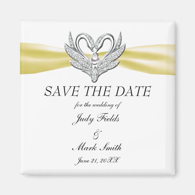 Yellow Ribbon Silver Swans Save The Date Magnet (Front)