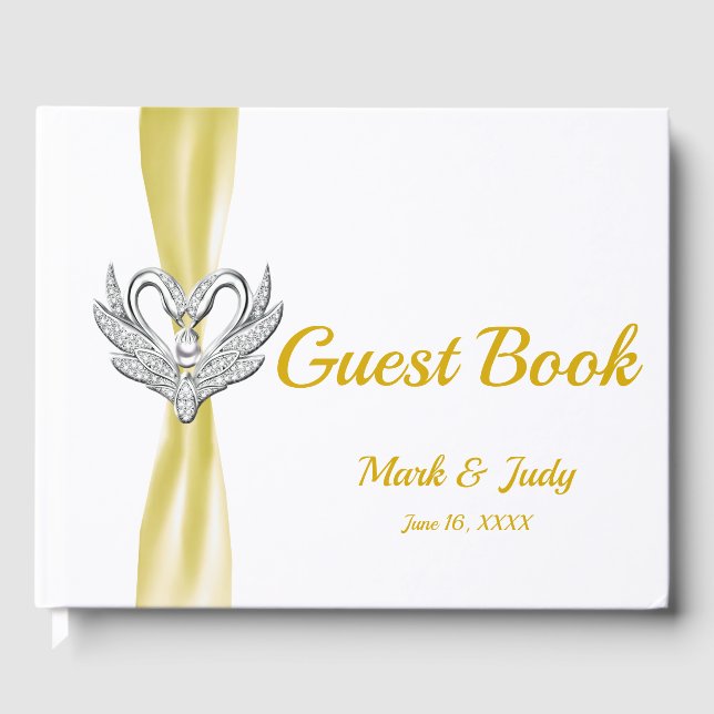 Yellow Ribbon Silver Swans Wedding Guestbook (Front)