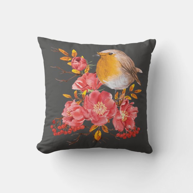 Yellow robin and red poppies cushion (Front)