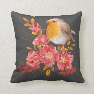 Yellow robin and red poppies cushion