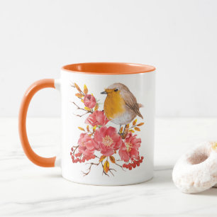 Yellow robin and red poppies mug