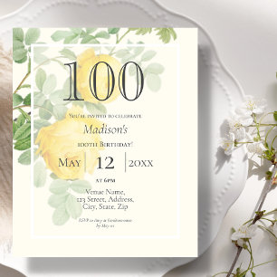 Yellow Rose   100th Budget Birthday Invitation