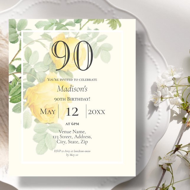 Yellow Rose 90th Budget Birthday Invitation (Creator Uploaded)