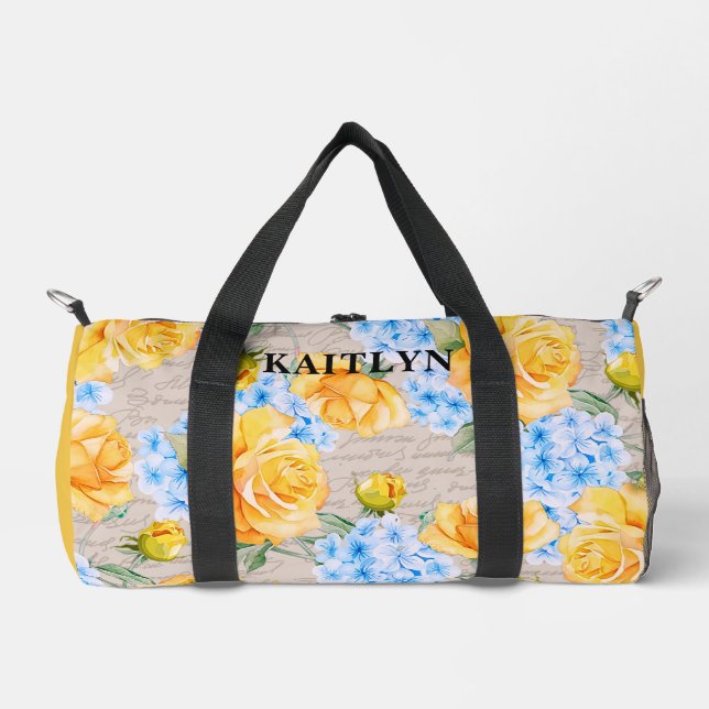 Yellow Rose and Blue Hydrangea Floral Duffel Bag (Front)