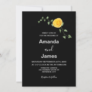 Yellow Rose and Green Vine Elegant Black Wedding Invitation