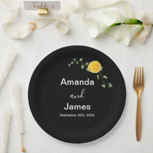 Yellow Rose and Green Vine Elegant Black Wedding Paper Plate