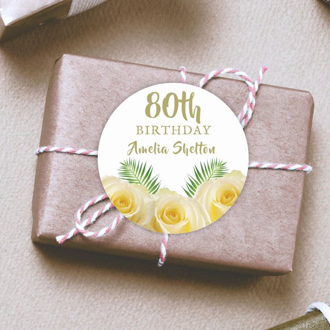 Yellow Rose and Leaves Floral 80th Birthday  Classic Round Sticker (Creator Uploaded)