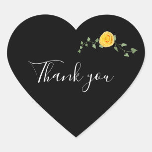 Yellow Rose and Vine Thank You Black Wedding Heart Sticker