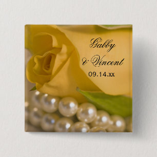 Yellow Rose and White Pearls Wedding 15 Cm Square Badge