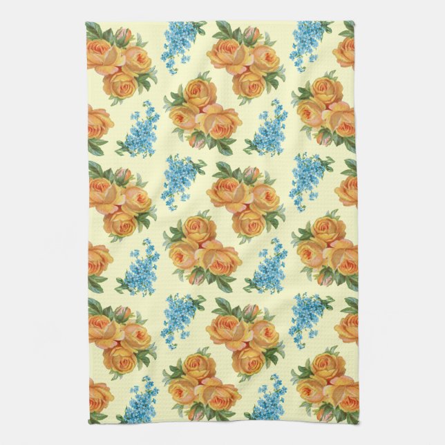 Yellow Rose Blue Flowers Vintage Pattern Towel (Vertical)
