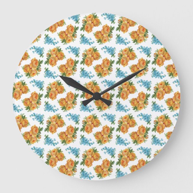 Yellow Rose Blue Flowers Wall Clock (Front)