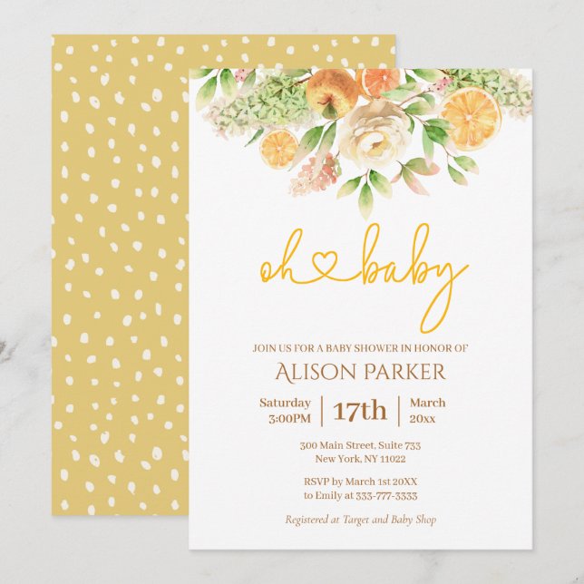Yellow Rose Citrus Floral Elegant Girl Baby Shower Invitation (Front/Back)