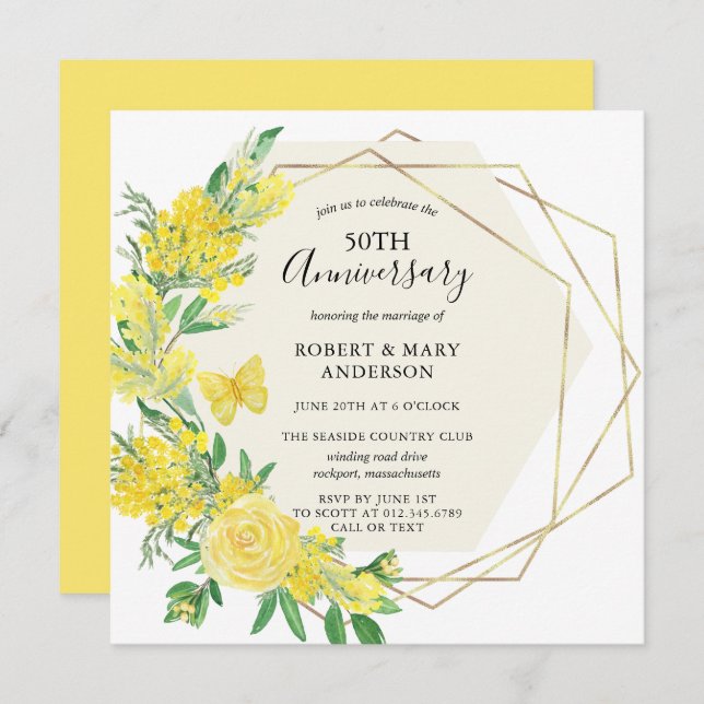 Yellow Rose Floral 50th Anniversary Party Invitation (Front/Back)