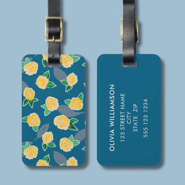Yellow Rose Floral Botanical  Luggage Tag (Yellow rose floral botanical print luggage tag)
