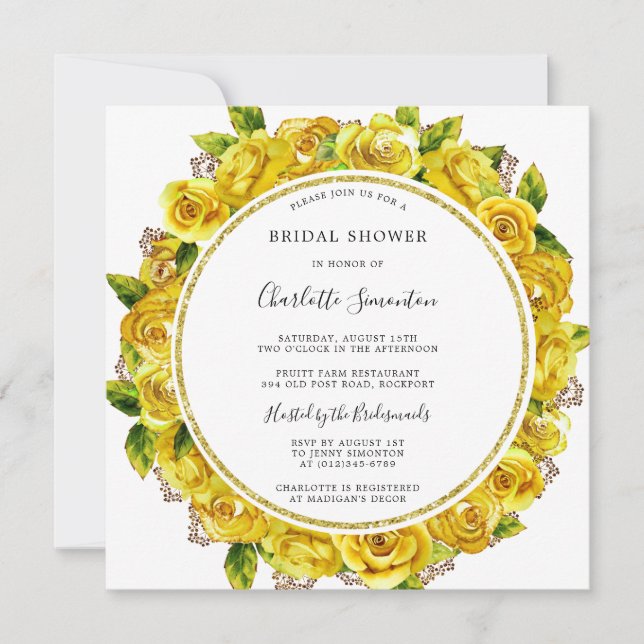 Yellow Rose Floral Bridal Shower Square Invitation (Front)