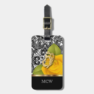 Yellow Rose Floral Design Monogram Luggage Tag