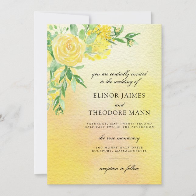 Yellow Rose Floral Watercolor Wedding Invitation (Front)