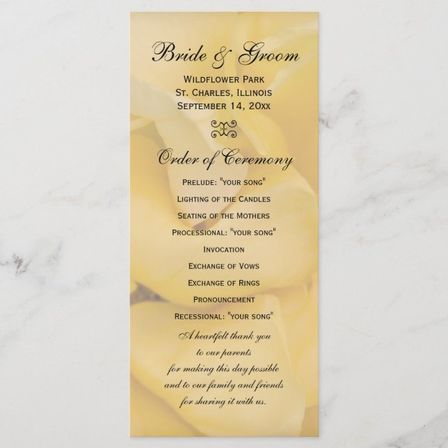 Yellow Rose Floral Wedding Program Programme (Front)