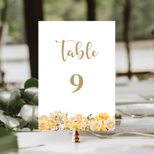 Yellow Rose Floral Wedding Table Number