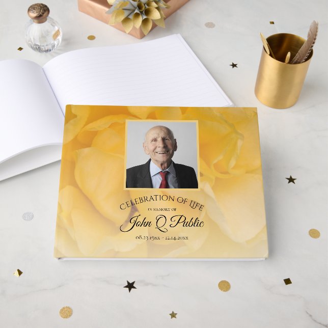 Yellow Rose Flower Celebration of Life Memorial Guest Book (Front Open)