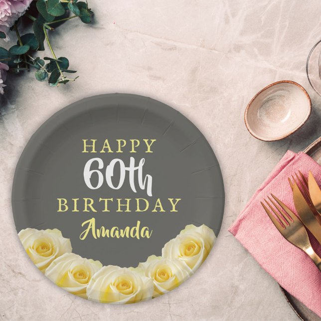 Yellow Rose Flower Floral 60th Birthday Paper Plate (Creator Uploaded)
