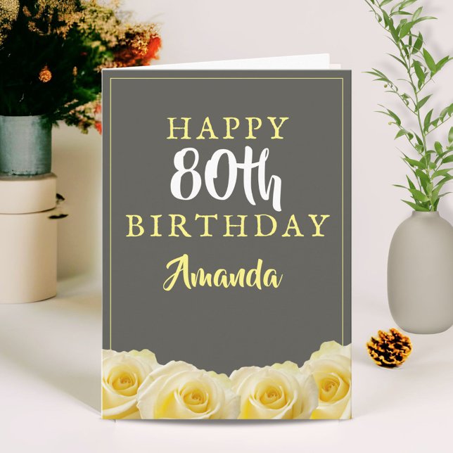 Yellow Rose Flower Floral 80th Birthday Card (Creator Uploaded)