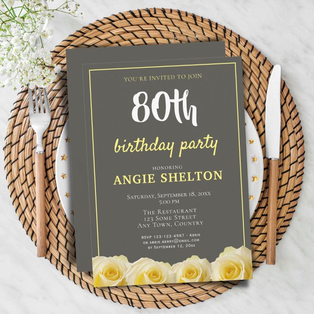 Yellow Rose Flower Floral 80th Birthday Invitation (Creator Uploaded)