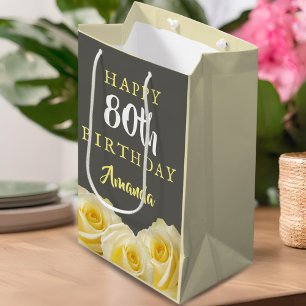Yellow Rose Flower Floral 80th Birthday Medium Gift Bag