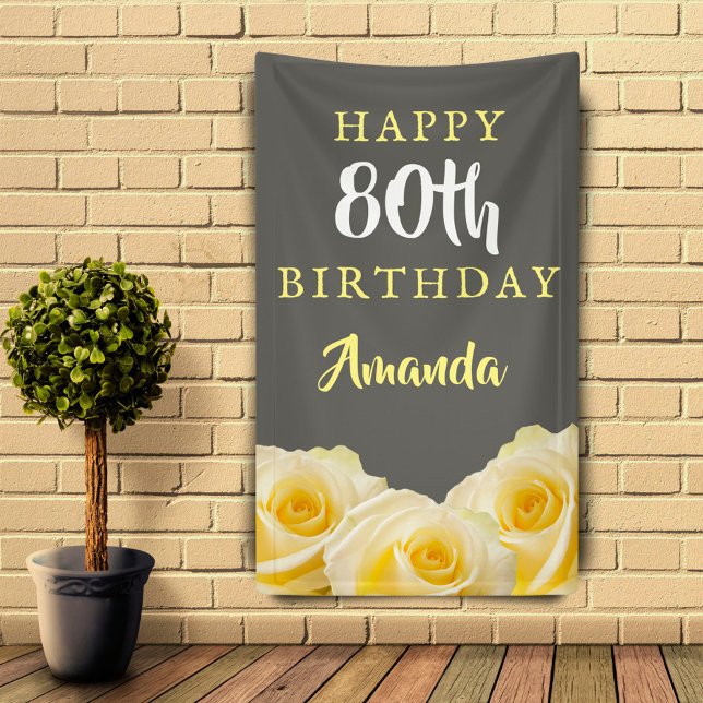 Yellow Rose Flower Floral 80th Birthday Party Banner (Creator Uploaded)