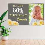 Yellow Rose Flower Floral 80th Birthday Photo Banner<br><div class="desc">Yellow Rose Flower Floral 80th Birthday Photo Banner. Beautiful yellow roses. The background is chalkboard grey. The text is in white and yellow colours and is easily customisable -  personalise it with your photo,  name and age. Perfect for a woman who is celebrating her eightieth birthday.</div>