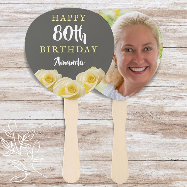 Yellow Rose Flower Floral 80th Birthday Photo Hand Fan (Creator Uploaded)