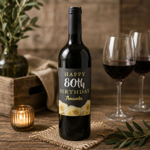 Yellow Rose Flower Floral 80th Birthday Wine Label
