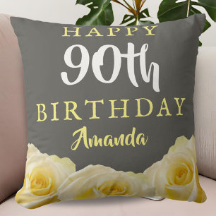 Yellow Rose Flower Floral 90th Birthday Cushion