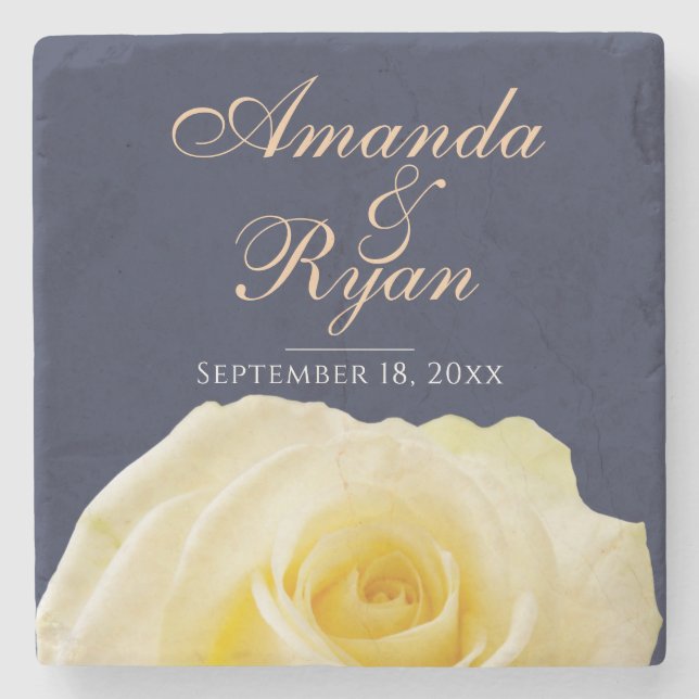 Yellow Rose Flower Floral Bride Groom Wedding Date Stone Coaster (Front)