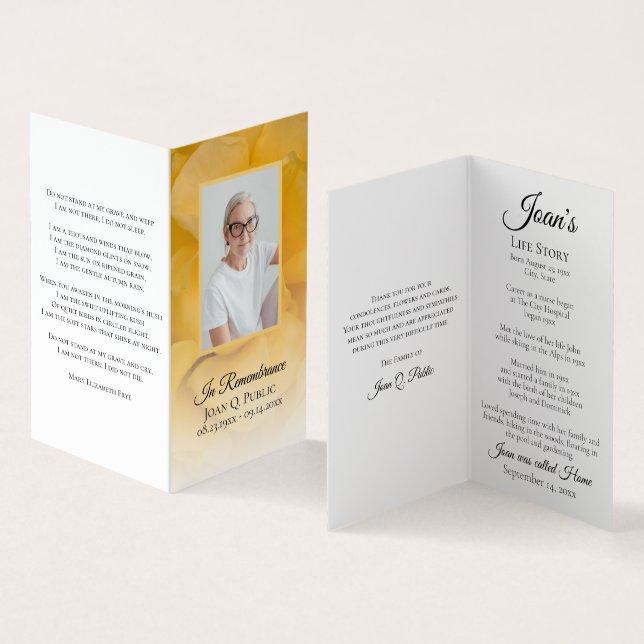 Yellow Rose Flower Funeral Memorial Poem / Prayer  Business Card (Inside and Outside)