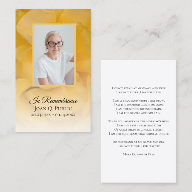 Yellow Rose Flower Funeral Memorial Poem / Prayer Business Card (Front/Back)