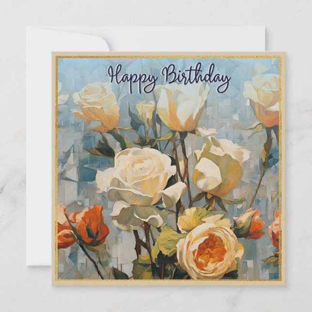 Yellow Rose Flowers Pretty Floral Happy Birthday Card (Front)