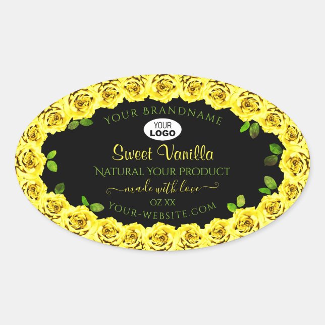 Yellow Rose Frame on Black Product Label with Logo (Front)