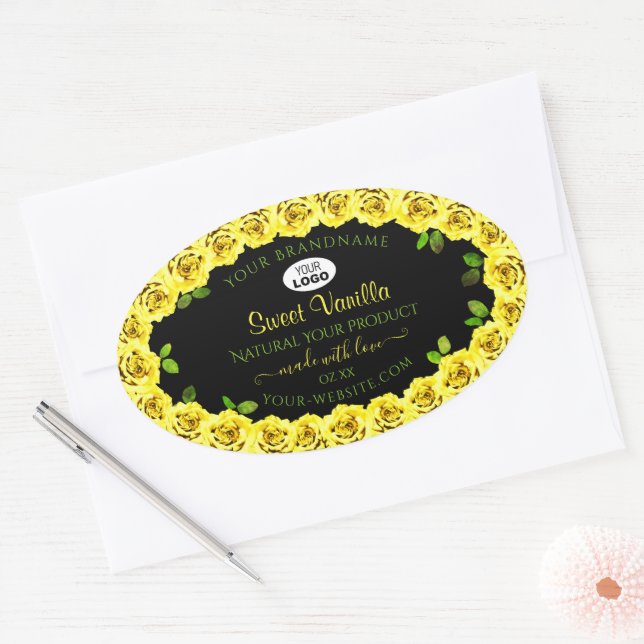 Yellow Rose Frame on Black Product Label with Logo (Envelope)