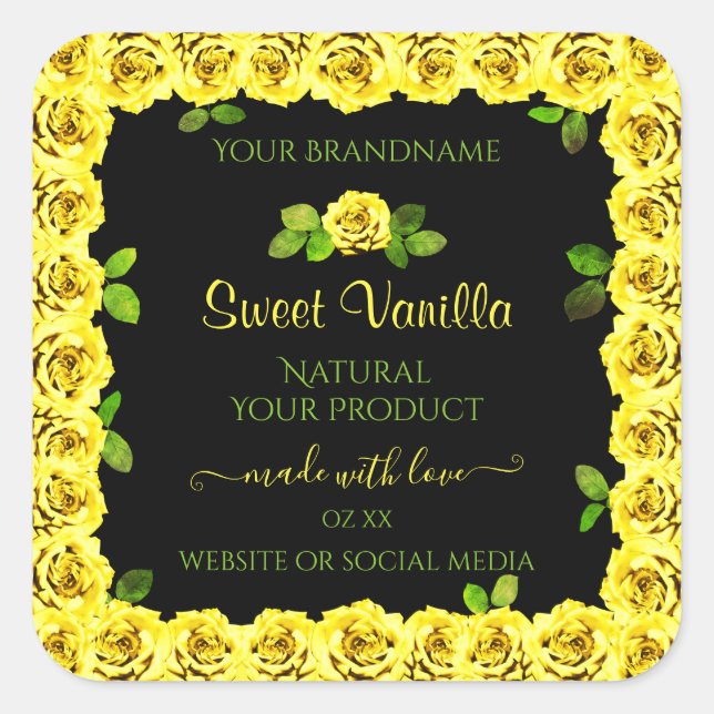 Yellow Rose Frame on Black Product Packaging Label (Front)