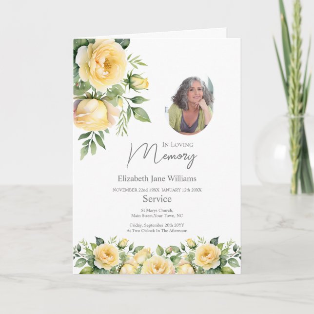 Yellow Rose Funeral Order of Service 4 Photo  Card (Front)