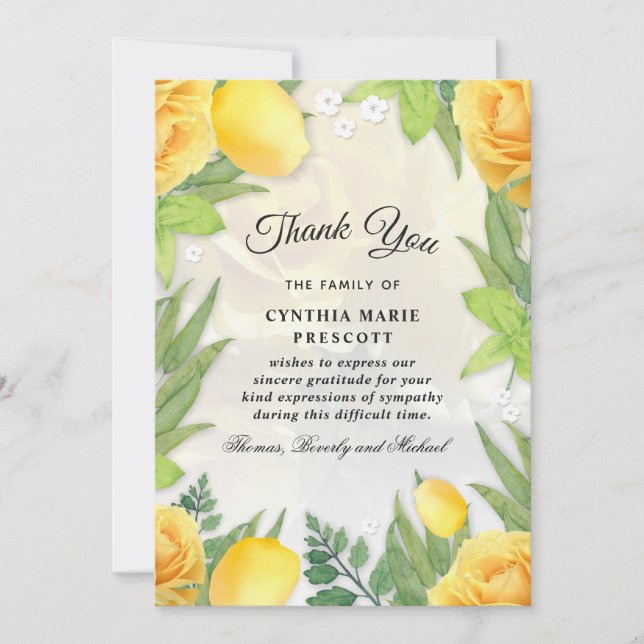 Yellow Rose Garden Green Floral Sympathy Thank You Invitation (Front)