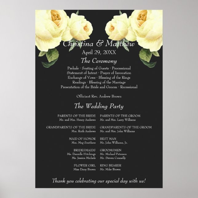 Yellow Rose grey vintage Wedding Ceremony Program Poster (Front)