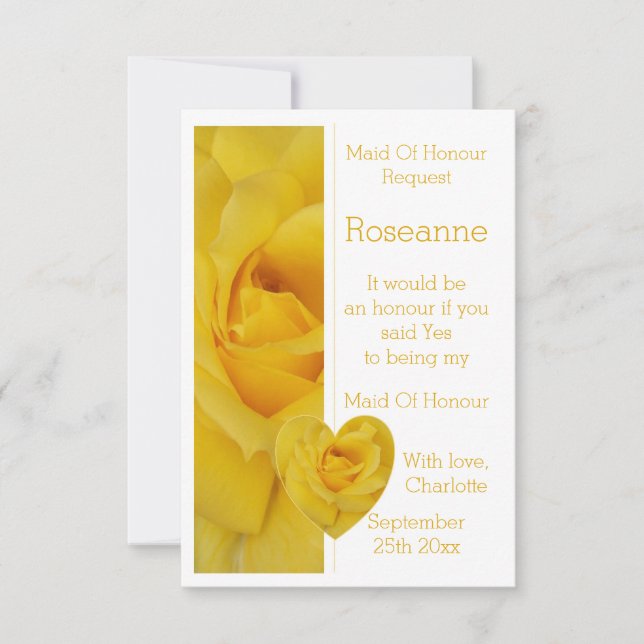 Yellow Rose Heart Design Maid Of Honour Request Invitation (Front)
