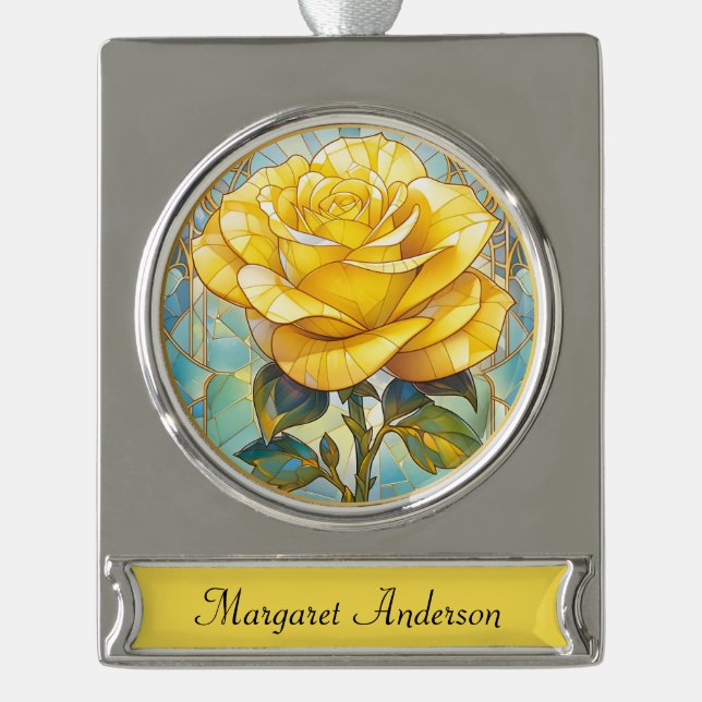 Yellow Rose Memorial  Silver Plated Banner Ornament (Front)