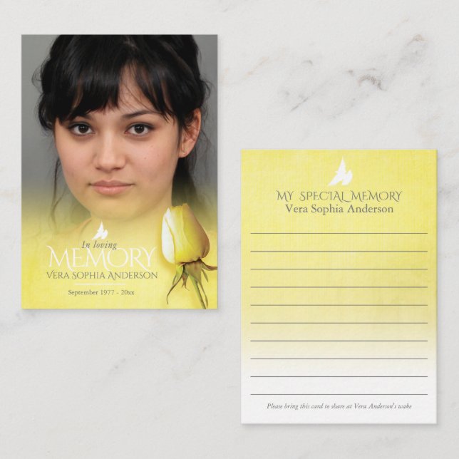 Yellow rose memory card for memorials and funeral (Front/Back)