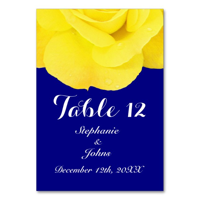 Yellow Rose Navy Blue Cute Unique Trendy Cool Table Number (Front)