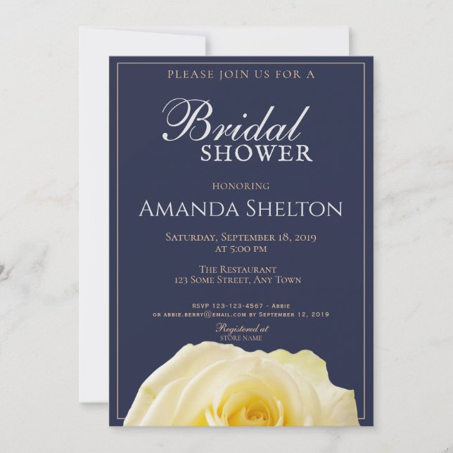 Yellow Rose Navy Blue Floral Bridal Shower Invitation (Front)