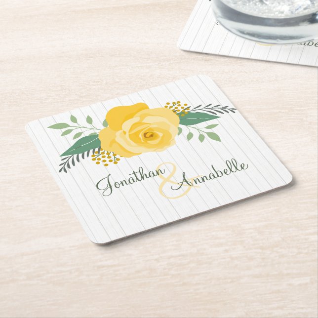 Yellow Rose of Texas Wedding Square Paper Coaster (Angled)